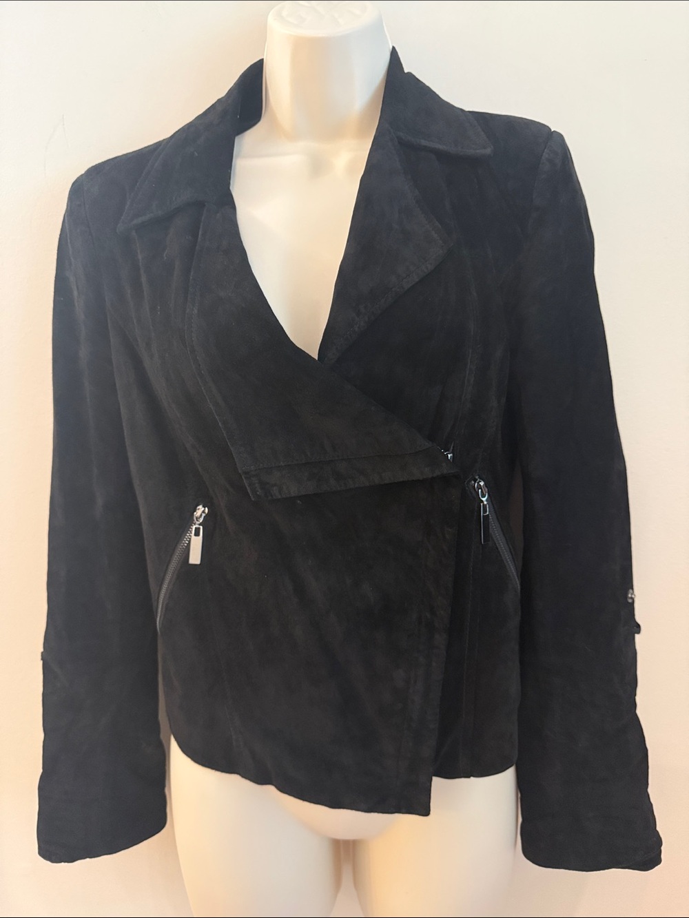 bebe Black Suede Asymmetrical Zip Moto Crop Suede Leather Jacket